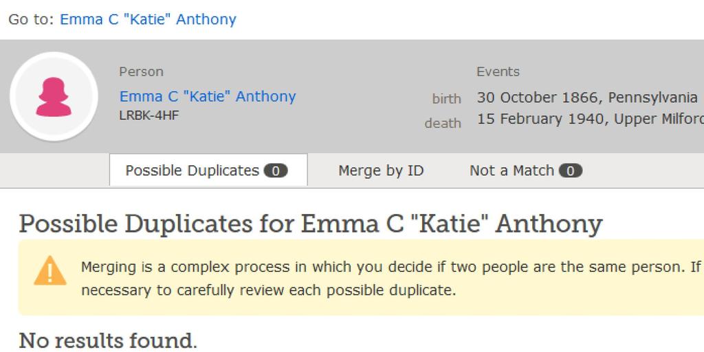 The system tells me there are no duplicates for Emma C Katie Anthony.