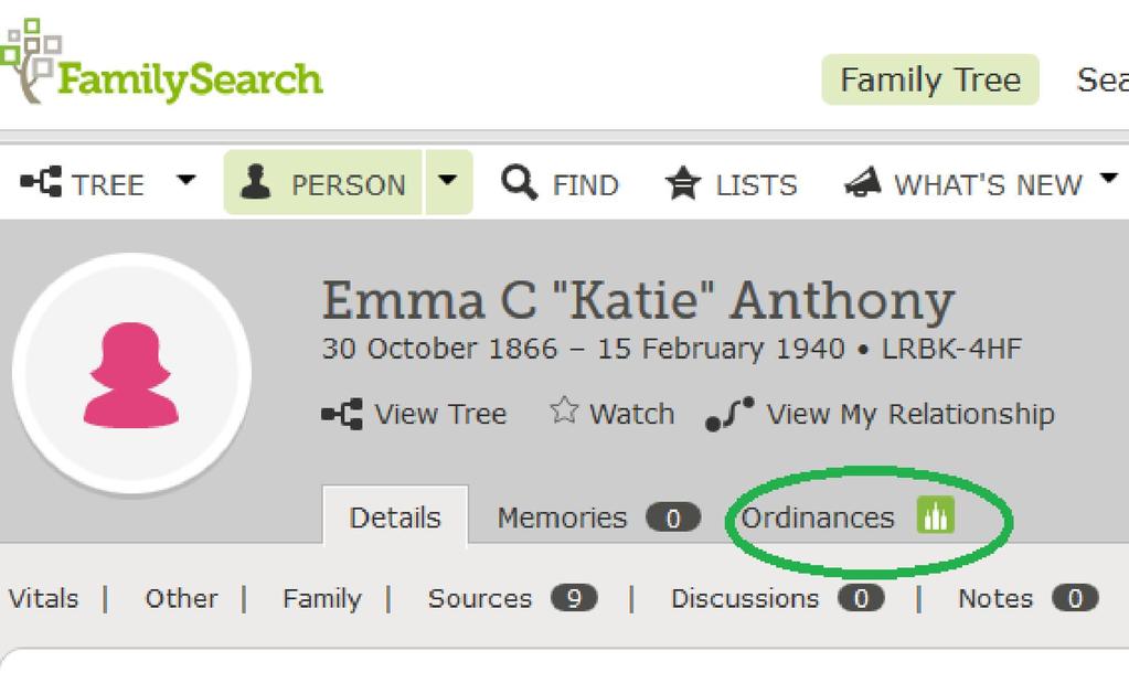 Reserving the Ordinances I Click the back arrow in my browser until I get back to Emma's 'person' profile.
