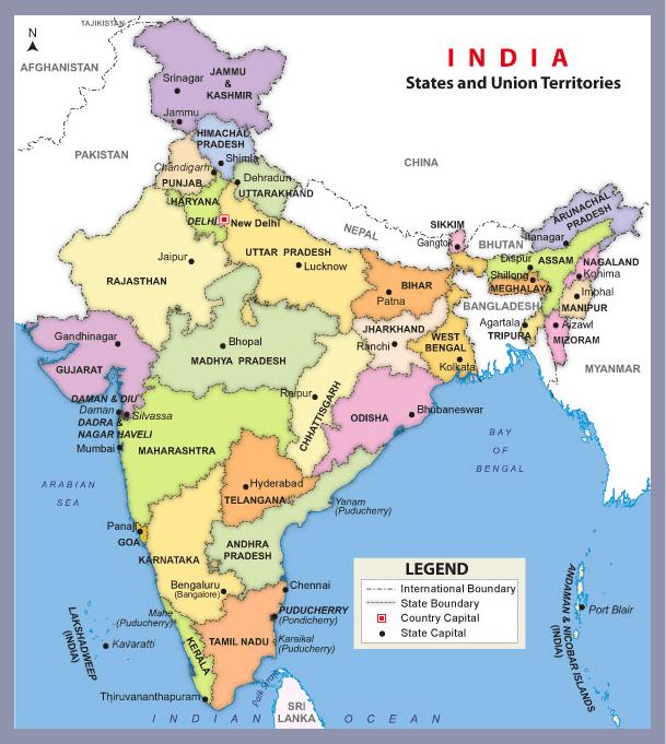 1.5 Located in the Southern part of Asia, India lies between 8 4' and 37 6' N Latitude and 68 7' and 97 25' E Longitude. This seventh largest country in the world spreads over an area of 3,166,414 sq.