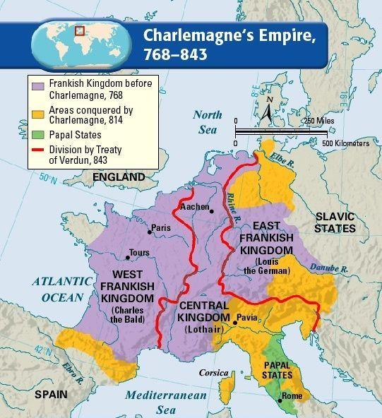 After Charlemagne dies There is a 3 year civil war ending with the Treaty of Verdun