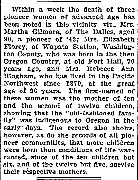 [Oregonian, Portland, Oregon, Wednesday March 10, 1909 p.8] Children of Frederick Florey and Elizabeth Doty: i. Henrietta Florey b. Aug 1854 The Dalles, Wasco County, Oregon d.