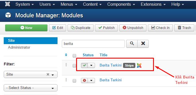 1.4 Kemaskini Berita Terkini Module Manager (Back end) a. Klik Extensions > Module Manager b.