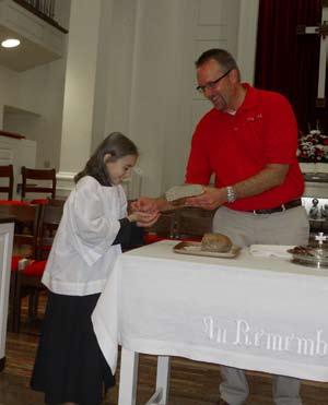 At services where communion is being served by intinction, the pastor will serve the bread to the acolytes and other pastors.