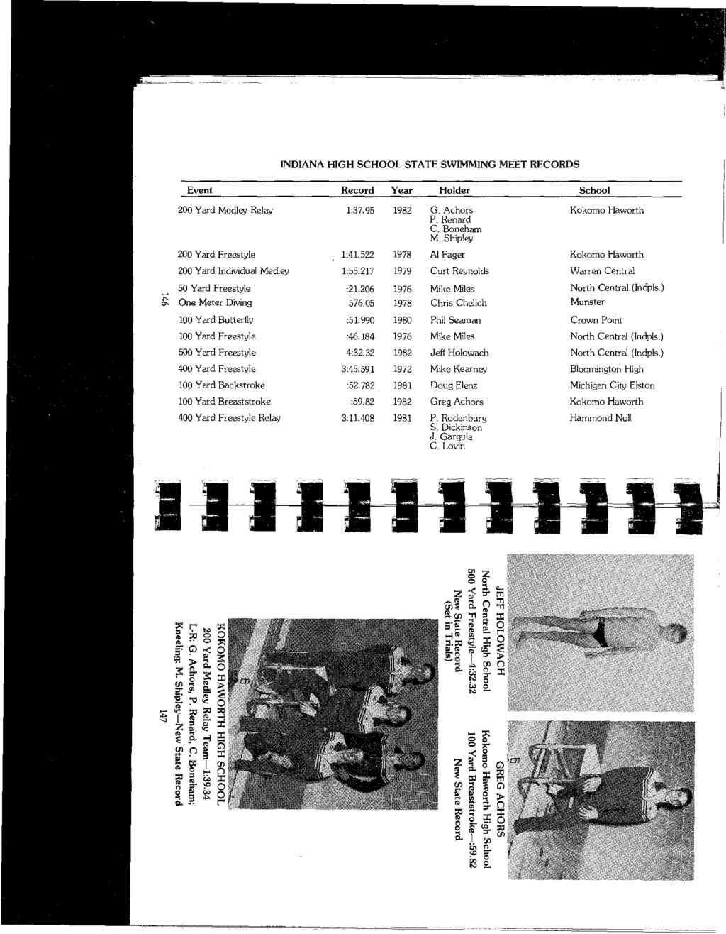 INDIANA HIGH SCHOOL STATE SWIMMING MEET RECORDS Event Record Year Holder School 200 Yard Medley Relay 1:37.95 1982 G. Achors P. Renard C. Boneham M.