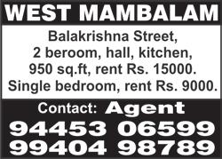 WEST MAMBALAM, Pushpavathi Ammal Street, near Sankara Madam, 3 bedroom, hall, kitchen, 3 balconies, 1260 sq.ft, UDS 720 sq.ft, 1 st floor, open car park, 5 years old, full wood work, price Rs.