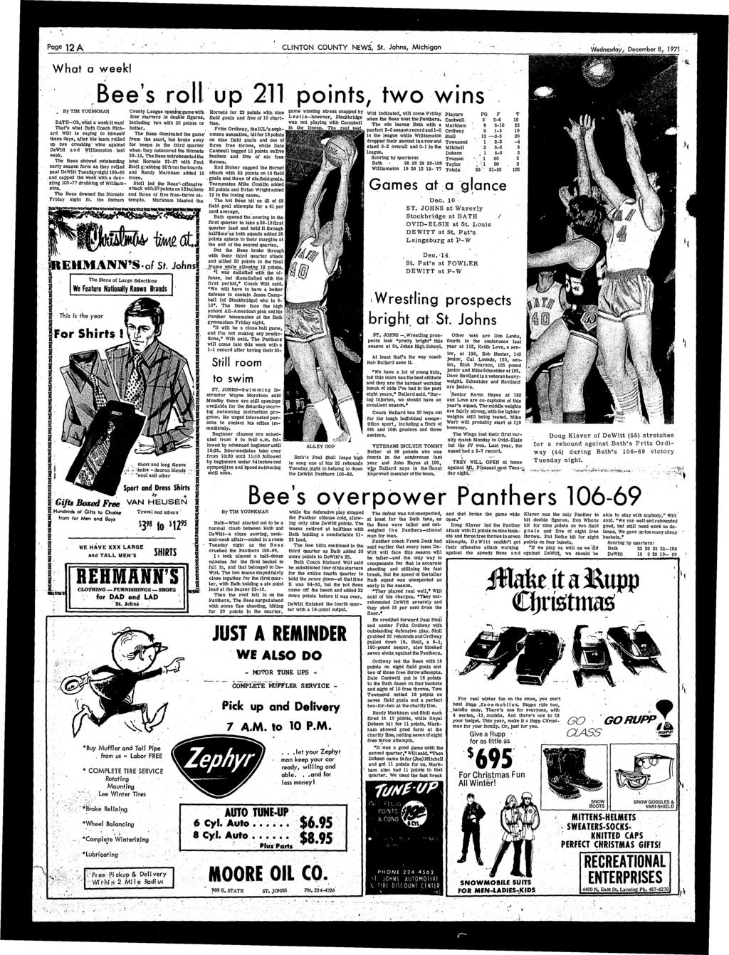 Page ]2A CLNTON COUNTY NEWS, St. Johns, Mchgan Wednesday, December 8, 1971 What a wee k! Bee's roll up 211 ponts, two wns By TM YOUNKMAN BATH-Oh, what a week twas!