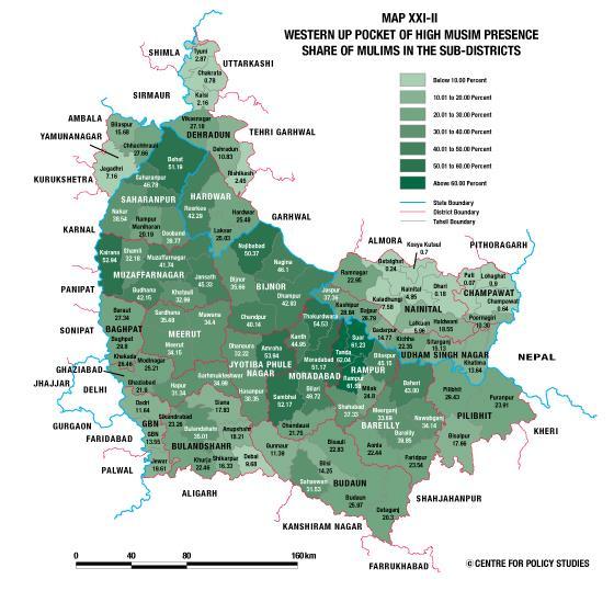 Share of Muslims in the sub-districts In Map XXI-II below, we have shown the share of Muslims in the sub-districts of the pocket of high Muslim presence in northwest UP that we have been discussing