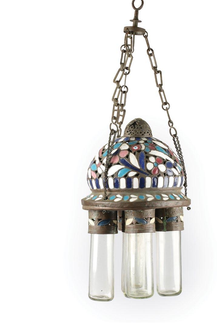 121. An Islamic Sarraf Enameled 'Mina' Copper Lantern مشكاة نحاسية مطلية باملينا بنقوش إسالمية من الصراف dome shaped lantern decorated with