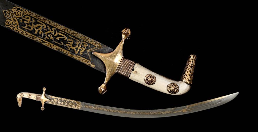 5 cm $ 13,000-15,000 QAR 47,450-54,750 The straight Damask watered-steel patterned blade with on the left side near the forte a gold gilded star and crescent referring to the Ottoman origin (gold