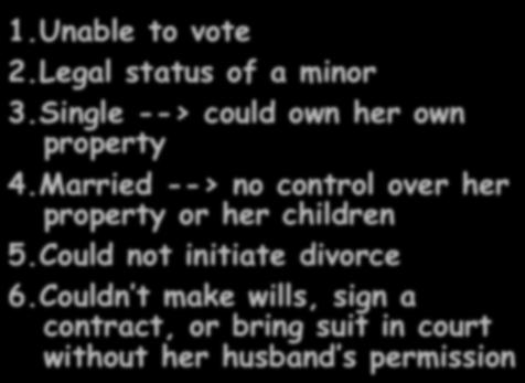 1. Unable to vote 2. Legal status of a minor 3. Single --> could own her own property 4.