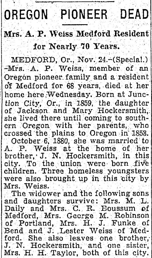 [Morning Oregonian, Portland, Oregon, Saturday, November 25, 1933 p. 12] vii. Florence Isadora Hockersmith b.