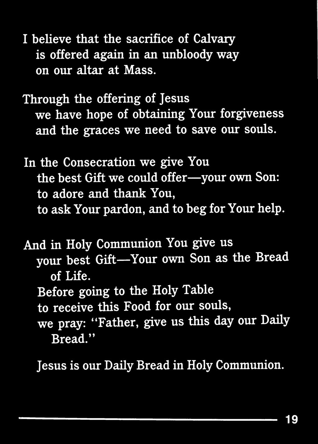 In the Consecration we give You the best Gift we could offer your own Son: to adore and thank You, to ask Your pardon, and to beg for Your help.