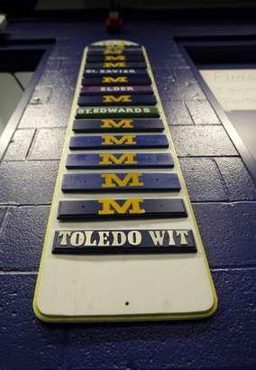 Archbishop Moeller High School head football coach John Rodenberg became Moeller's fifth head coach in 2008. He started this wall in their locker room that denotes the schedule and win/loss record.