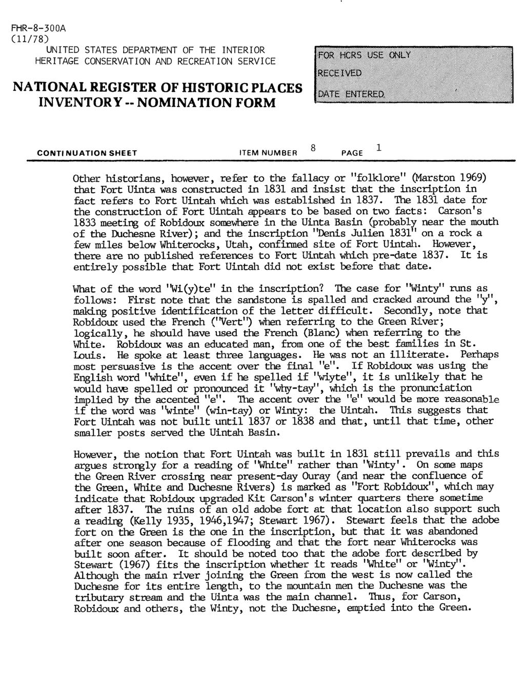 FHR-8-300A (11/78) UNITED STATES DEPARTMENT OF THE INTERIOR HERITAGE CONSERVATION AND RECREATION SERVICE NATIONAL REGISTER OF HISTORIC PLACES INVENTORY -- NOMINATION FORM CONTI NUATION SHEET ITEM