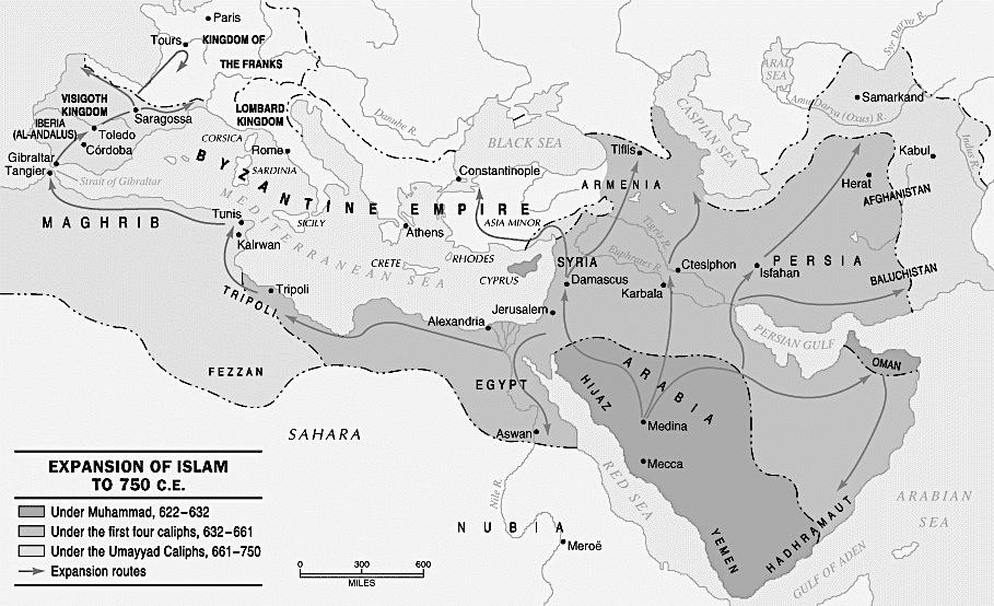 Document #2 2. According to this map, by 750 CE, which three continents had Islam spread to? According to this map, what is one-way Islam spread throughout the world?