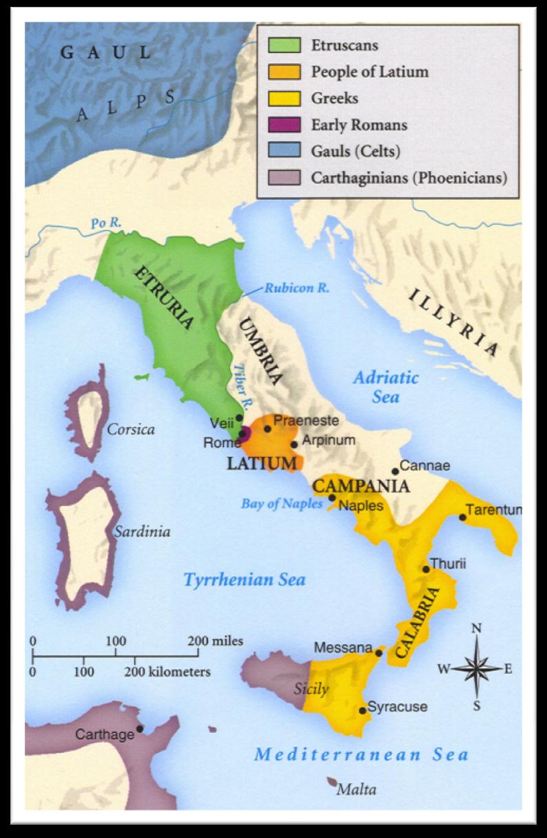 B. Early Inhabitants of Italy! 1. The Latins settled the northern areas and migrated south to the Tiber River. They became the people known as the Romans.! 2.