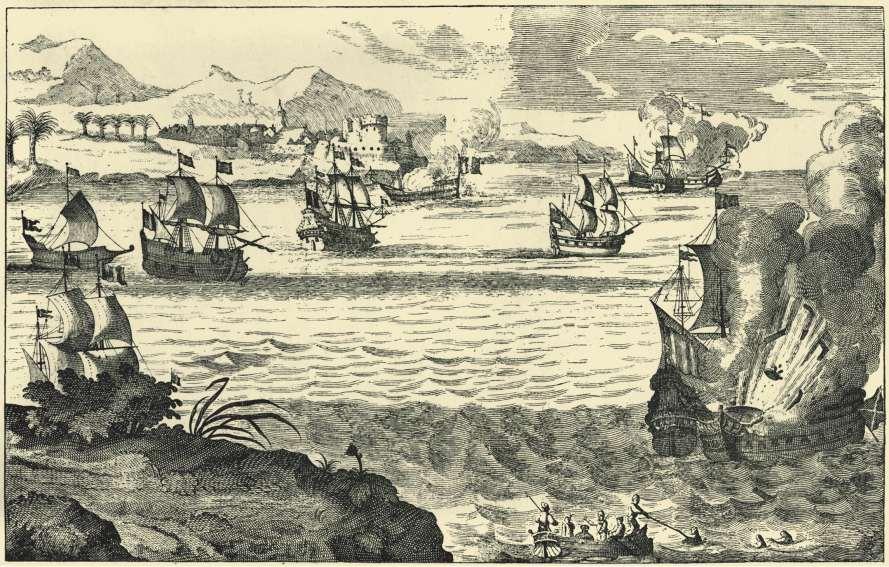 Engraving showing the destruction of the Spanish Armada by