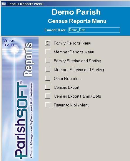 Click on Reports, from the pull-down menu select ParishSOFT Reports.