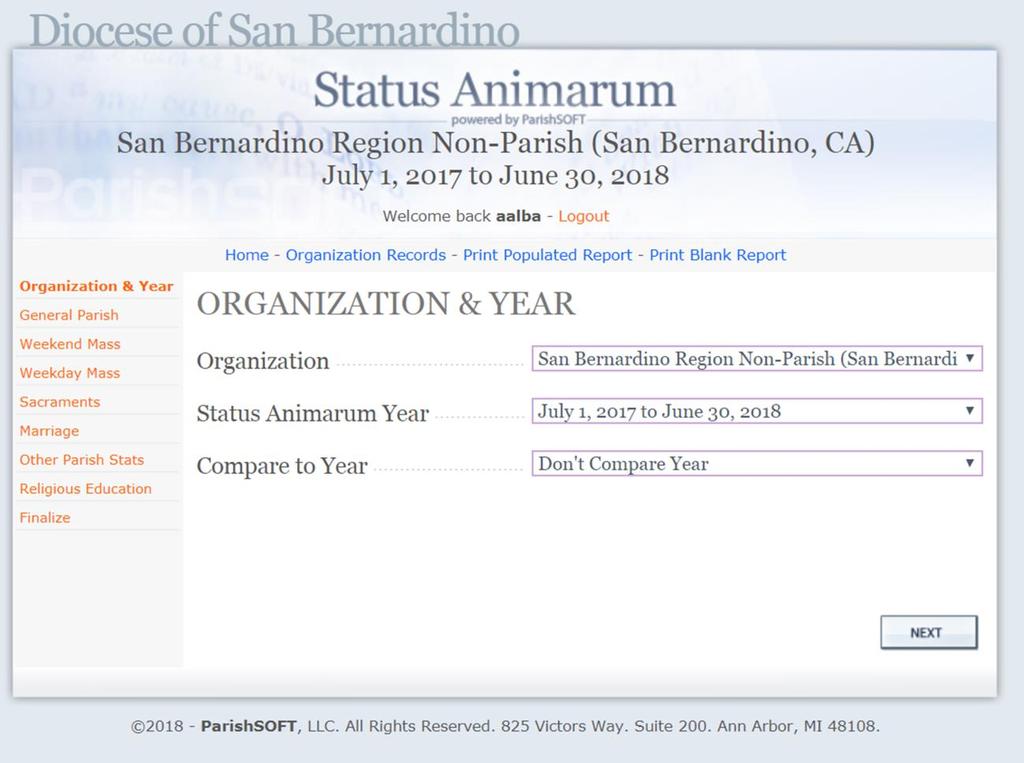 Opening Page (Organization and Year) and Contents Once you have successfully logged in, the Status Animarum form for your parish will open.