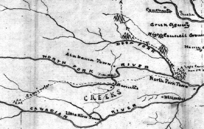 Figure 3. Segment of 1863 map drawn in Ft. Gibson showing Federal view of where Seminoles and Creeks were located west of Hillabee. Barnett s is near Wetumka, OK. Source: Federal Records.