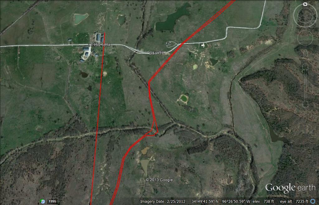 Figure 5. Dragoon Trail (Texas Cattle Trail) Crossing of Muddy Boggy River Just East of the Chickasaw Choctaw National Boundary, US BLM Initial Survey of 1871. Source: Google Earth.