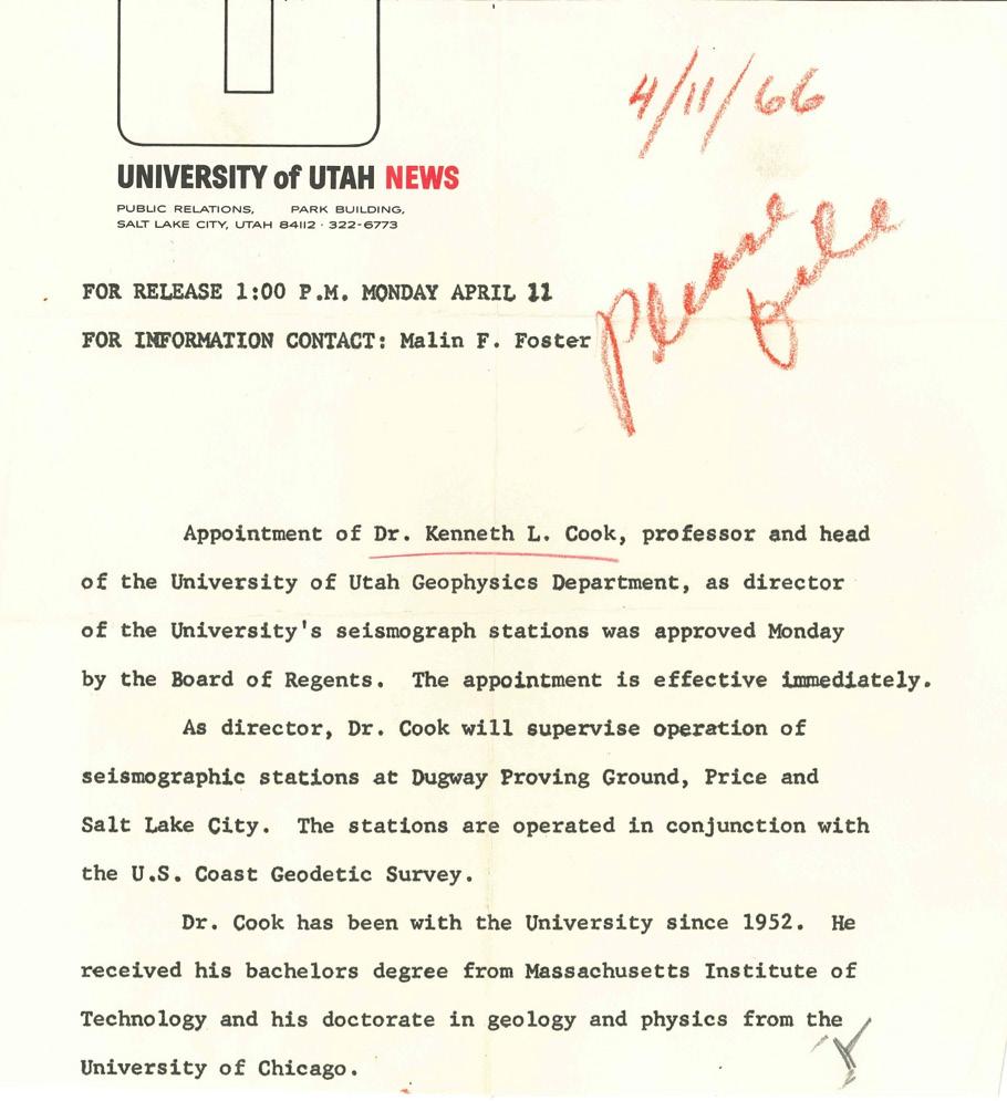 Formal beginning of The University of Utah Seismograph Stations The above press release reports an action by the University of Utah Board of Regents on April 11, 1966, which effectively recognized