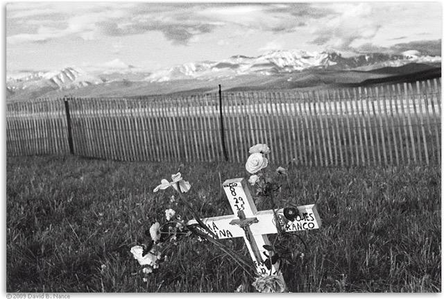 Figure 3. nacio 8 29 75. Photo: David Nance US Hwy. 24, in Tennessee Park, north of Leadville, Colorado. Most roadside memorials bear names of the dead.