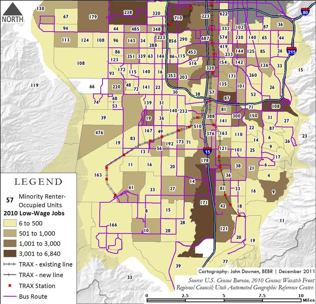 Figure 10 Minority Renter-Occupied Units and Proximity to Low-Wage Jobs in Salt Lake County (excluding Salt Lake City), 2010 Figure 10 overlays the number of minority renter-occupied units with the