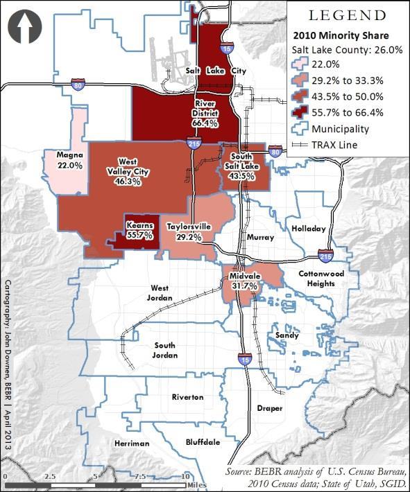 The minority population in Salt Lake County is concentrated in seven areas; Kearns, Magna, Midvale, Salt Lake City s River District, South Salt Lake, Taylorsville and West Valley.