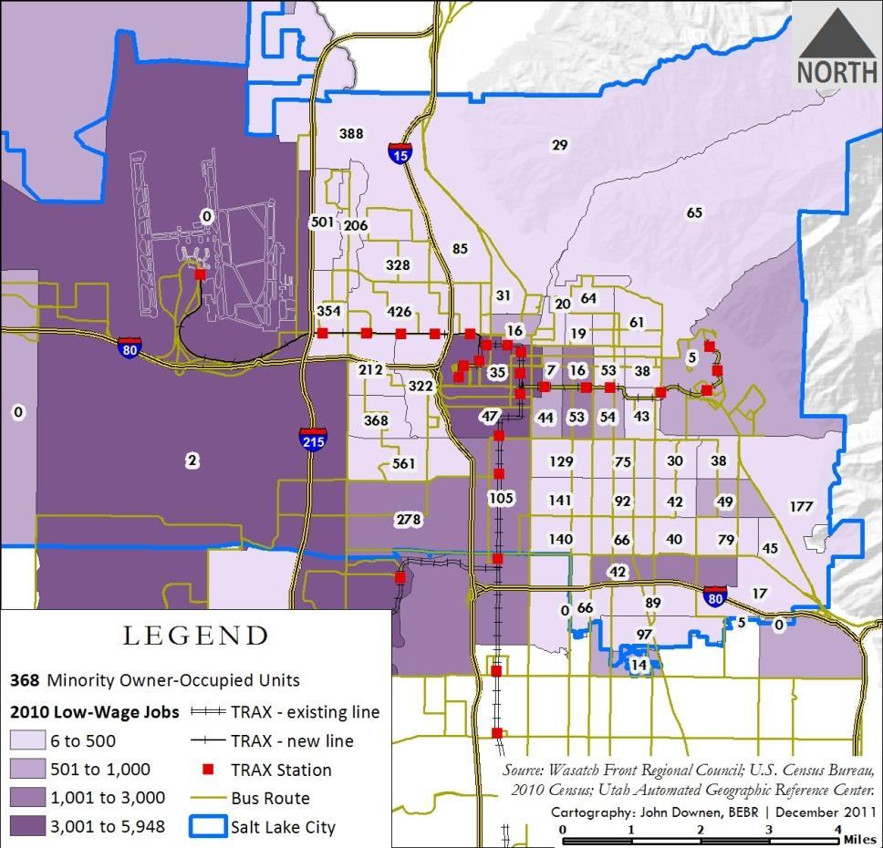 Figure 7 Minority Owner-Occupied Units and Proximity to Low-Wage Jobs in Salt Lake City, 2010 Figure 7 overlays the number of minority owner-occupied units with the density of low-wage jobs (in