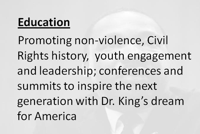 The Martin Luther King, Jr. Advisory Council concentrates on four ways to make Dr. King s message that everyone can serve a reality today and for future generations.