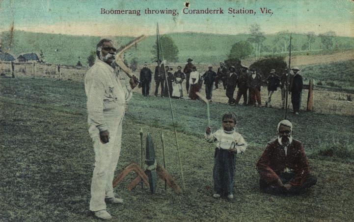 5: Boomerang throwing, Coranderrk Station, Vic. N.J. Caire photographer. V.S.M. Series. Printed in Germany.