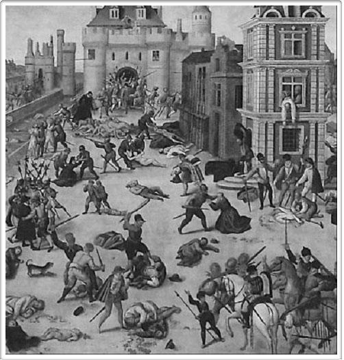 1485-1750 SOURCE C: a contemporary painting of the St Bartholemew's Day Massacre of French Protestants, which was ordered by the French Catholic royal family in 1572; at least 10,000 people were