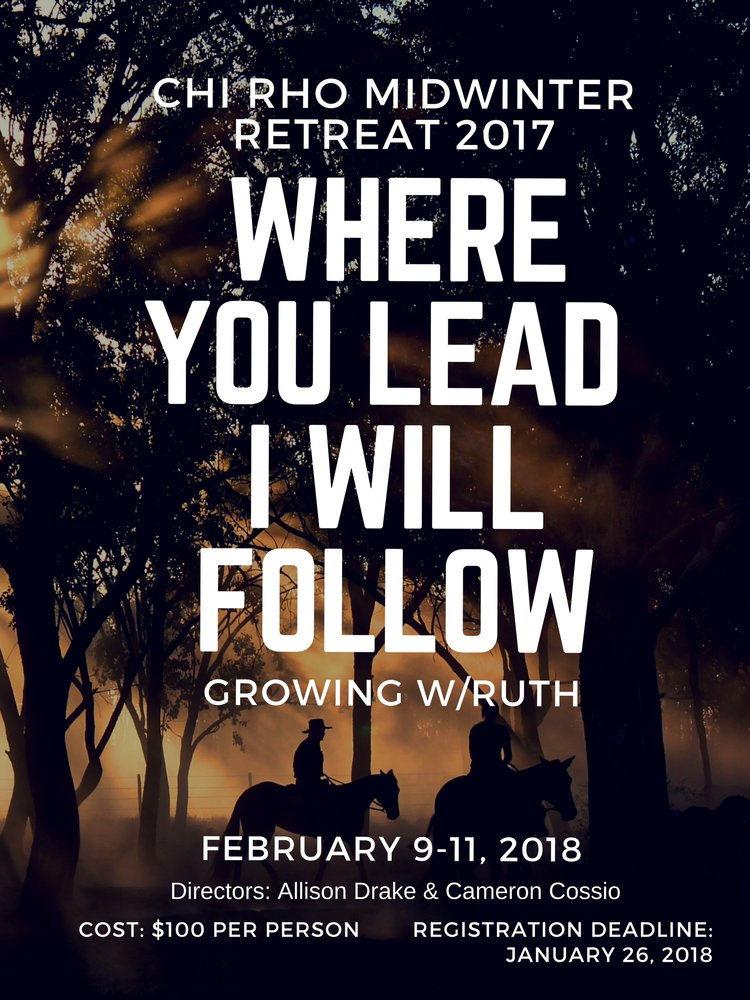 They meet at Disciples Crossing in Athens. Grades 6 8 Chi Rho have a camp called Where you lead, I will follow which is a camp focusing on the growth found in the story of Ruth.