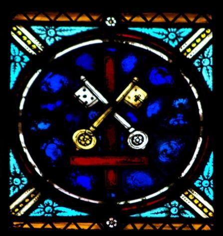The Apostles Seated Around the Throne Depicted in the Transept Windows Of Holy Comforter St. Cyprian Parish St. Peter - St. Peter is depicted by the Crossed Keys and the upside down cross.