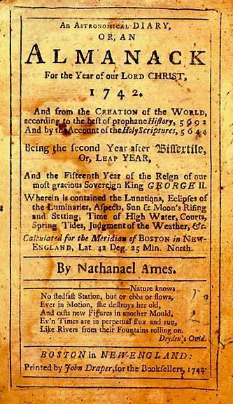 Almanac A yearly reference book containing a calendar, weather predictions, and other information that farmers, sailors, religious people, and those concerned about their health, found