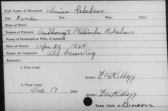 24 Old Cemetery, Benson, Vermont: Rabadeaux, Almira, dau. of Anthony & Philinda, d. 20 Apr 1864, age 5 w. 25 Census, 1910, Vermont, Rutland County, Benson, 30 Apr 1910, sht 9B.