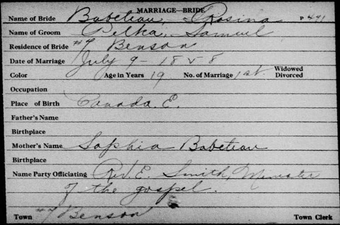 6 Census, 1880, Vermont, Rutland County, Benson, 21 Jun 1880, p. 11. 206/220 Rabeteau, Venice m 29 Laborer Can Can Can Delia f 23 wife Keeping House Can Can Can, can t read or srite.