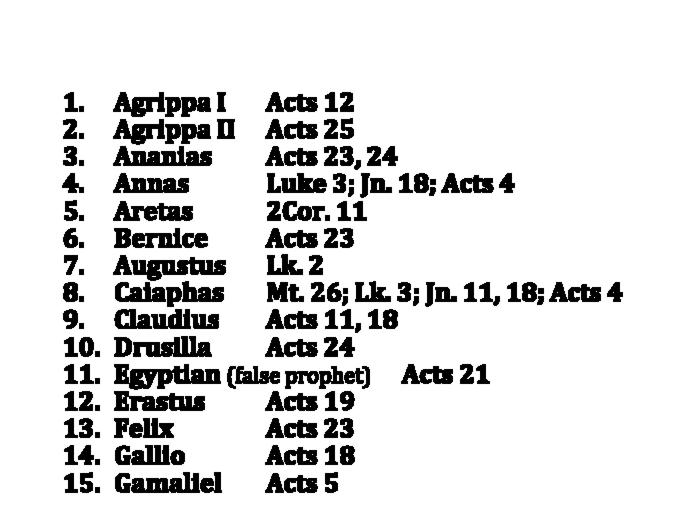 Agrippa I Acts 12 Agrippa II Acts 25 Ananias Acts 23, 24 Annas Luke 3; Jn. 18; Acts 4 Aretas 2Cor. 11 Bernice Acts 23 7. Augustus Lk. 2 8.