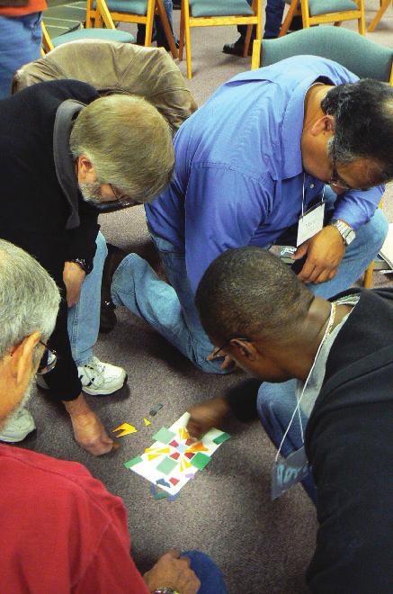 In the activity at left, participants work in groups without speaking to try to recreate the mosaic presented by Jason Lichti (in photo on right).