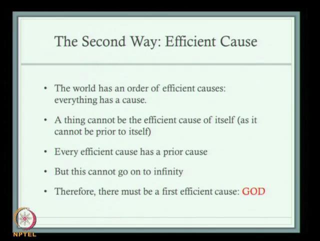 (Refer Slide Time: 48:39) Now, the second way is based on the idea of efficient cause, which says that the world has an order of efficient causes; everything