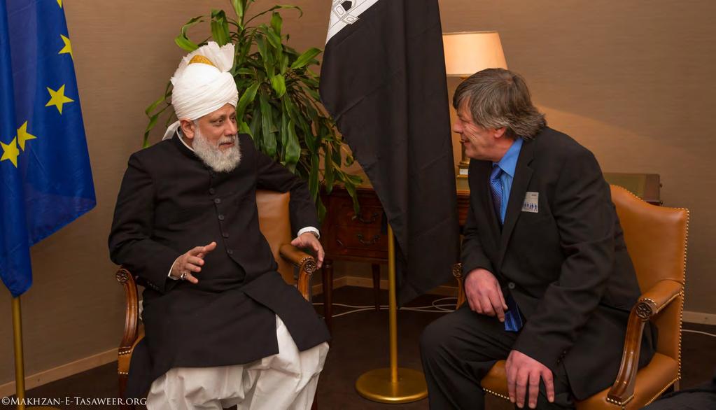 Meeting with Garry O Halloran (Barrister from Ireland) Garry O Halloran, a Barrister from Ireland, was introduced to Hadhrat Mirza Masroor Ahmad and spoke about how