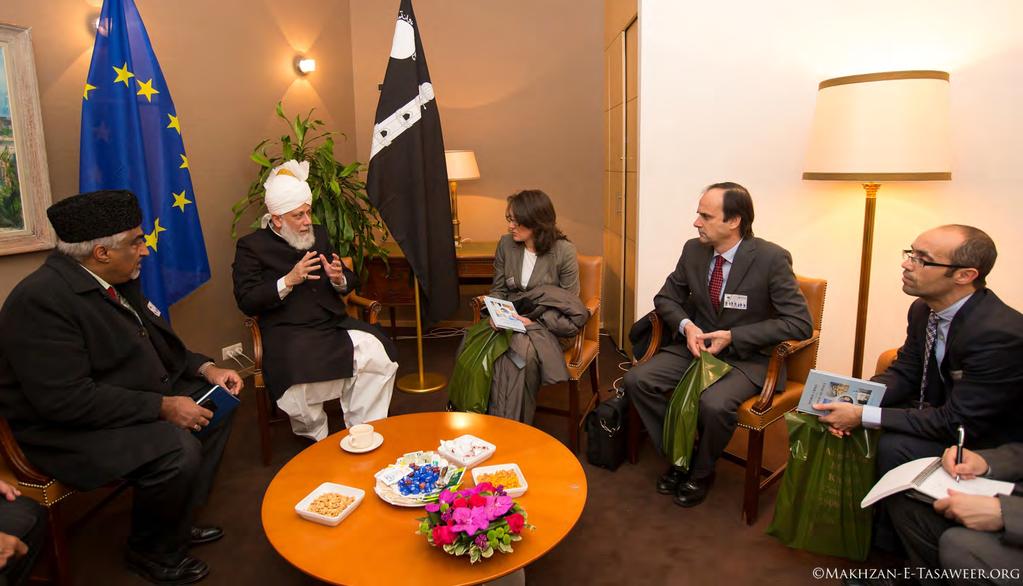 Meeting with Spanish delegation Jose Maria Alonso Ruiz, (MP), Pedro Carlavilla (Mayor of Meco) and Augustina Rubio (Barrister and Professor) Hadhrat Mirza Masroor Ahmad was briefed on the current