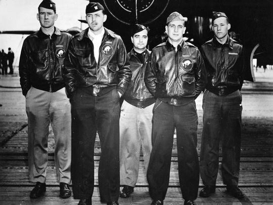 U.S. Army Air Corps Staff Sgt. David Thatcher (fifth from left) with the crew of the Ruptured Duck, one of 16 B-25 Mitchell bombers that launched off the deck of the aircraft carrier the U.S.S. Hornet and headed to the coast of Japan to wreak havoc on the Japanese empire April 18, 1942.