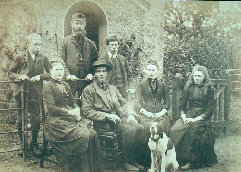 1834SAMU/3 Samuel at home with his family in Littlesdale Lane, Sandiway c 1890. Back Row, L to R: James; Unknown (but probably brother Joseph or David); George.