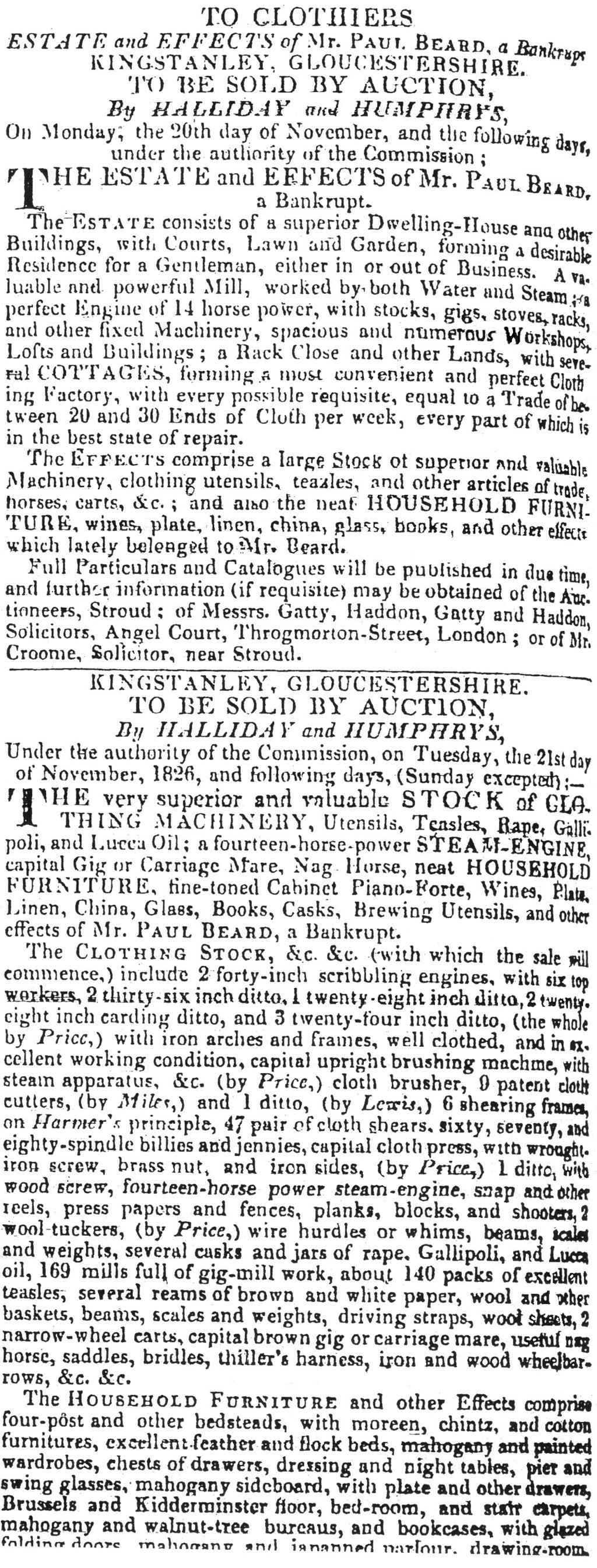 offering the mill and mansion as well as their contents and once again referring to Beard as a bankrupt (Ref. 13 and Figure 5).
