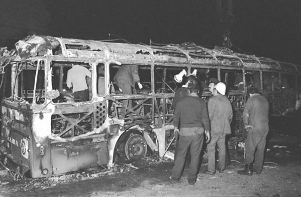 In response Israel launched Operation Litani in south Lebanon. Right: The bus after the Coastal Road Massacre (photo by Moshe Milner, Israeli Government Press Office, March 11, 1978).