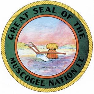 Top: The first Creek capitol building was located in Okmulgee. Above: Great Seal of the Muscogee Nation.