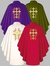 The Chasuble. The sleeveless outer garment, and the most conspicuous of the vestments. The word chasuble is from the Latin casula, a little house, because it is, as it were, a little shelter.