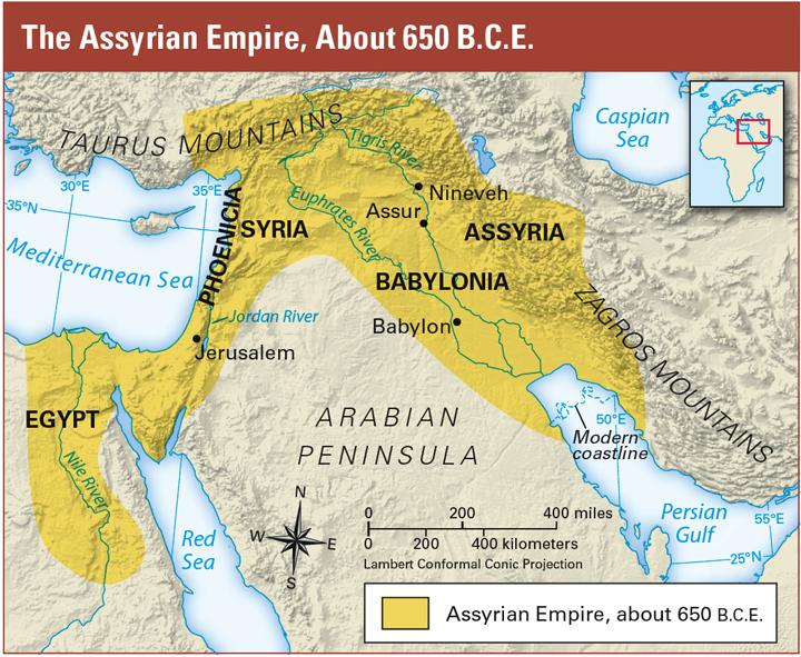 At its peak, the Assyrian Empire extended from Egypt to the Persian Gulf. This vast territory was difficult to control and defend. 6.7.